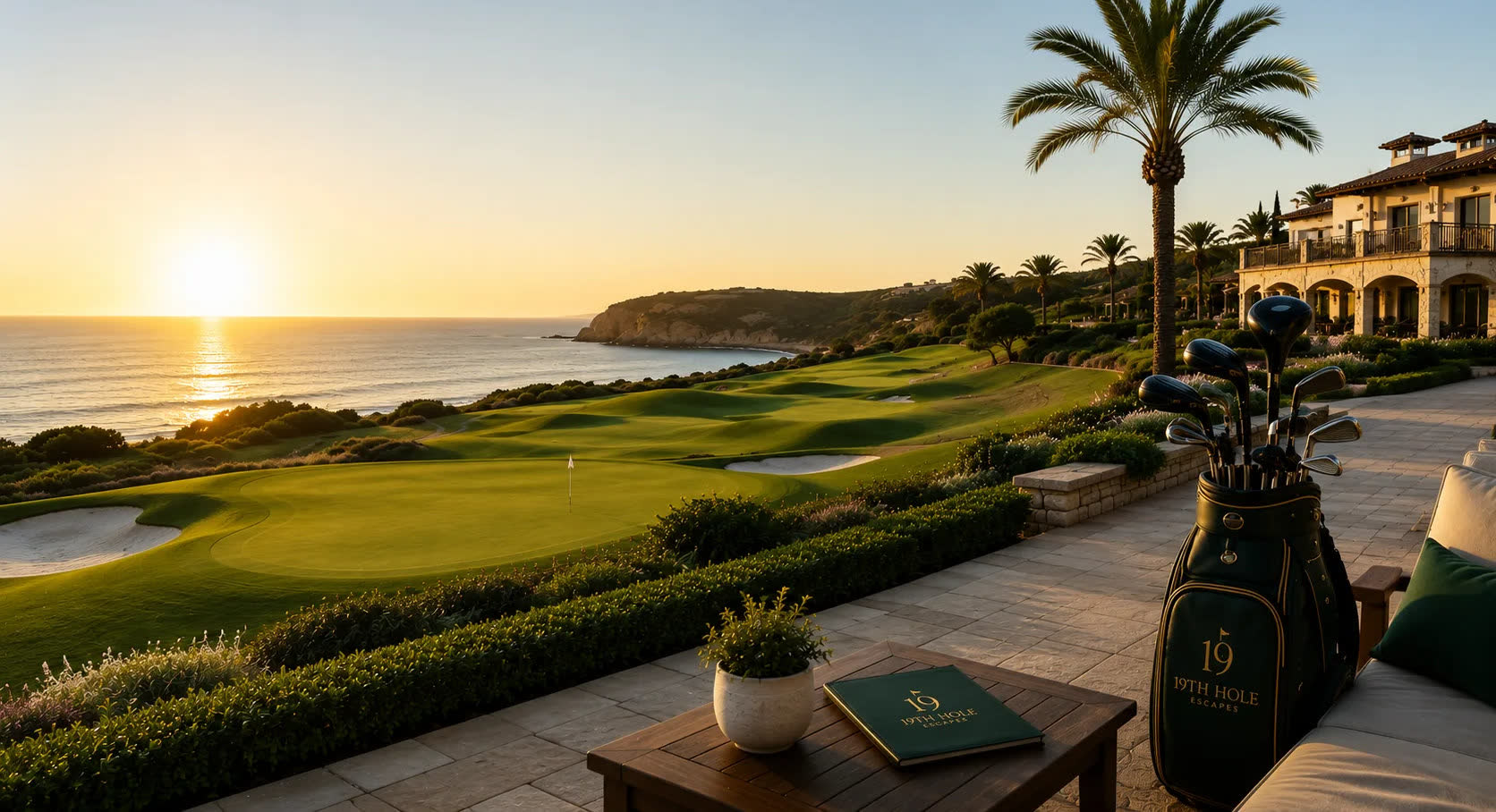 A travel journal and golf bag on a terrace overlooking the coast