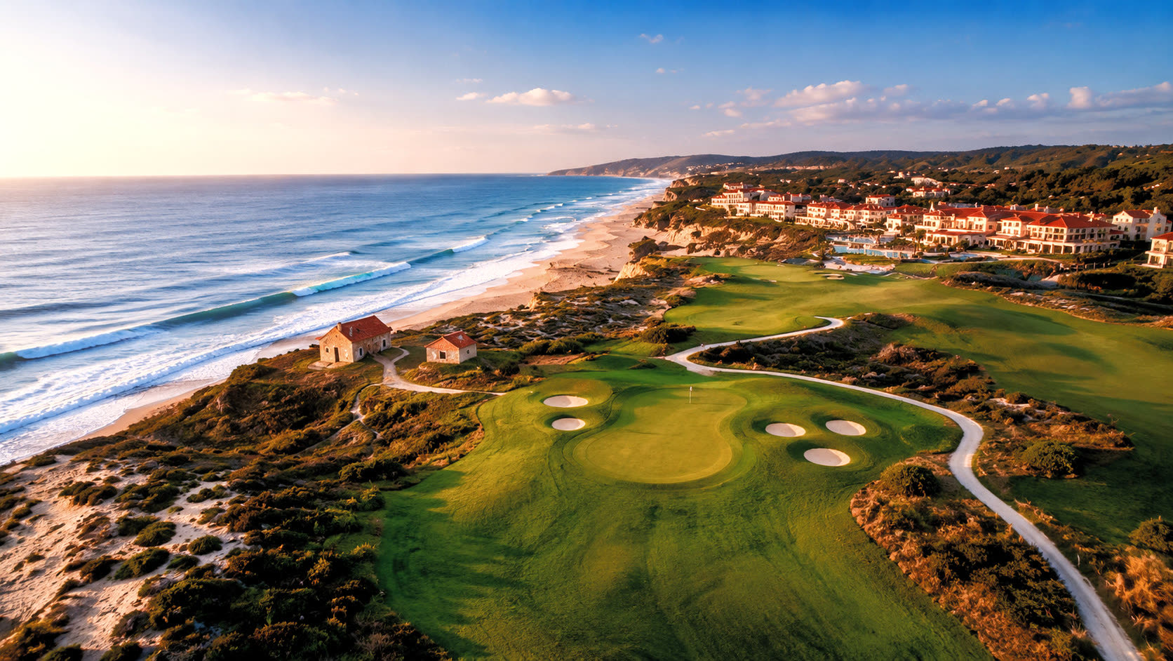 Aerial view of a coastal golf resort in Portugal