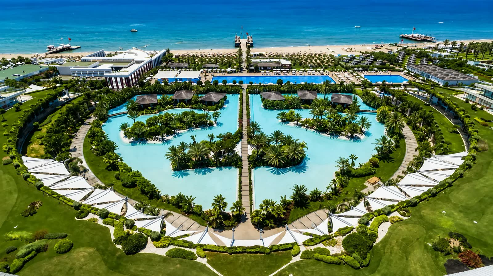 Turkish golf resort with lagoon pools from the air
